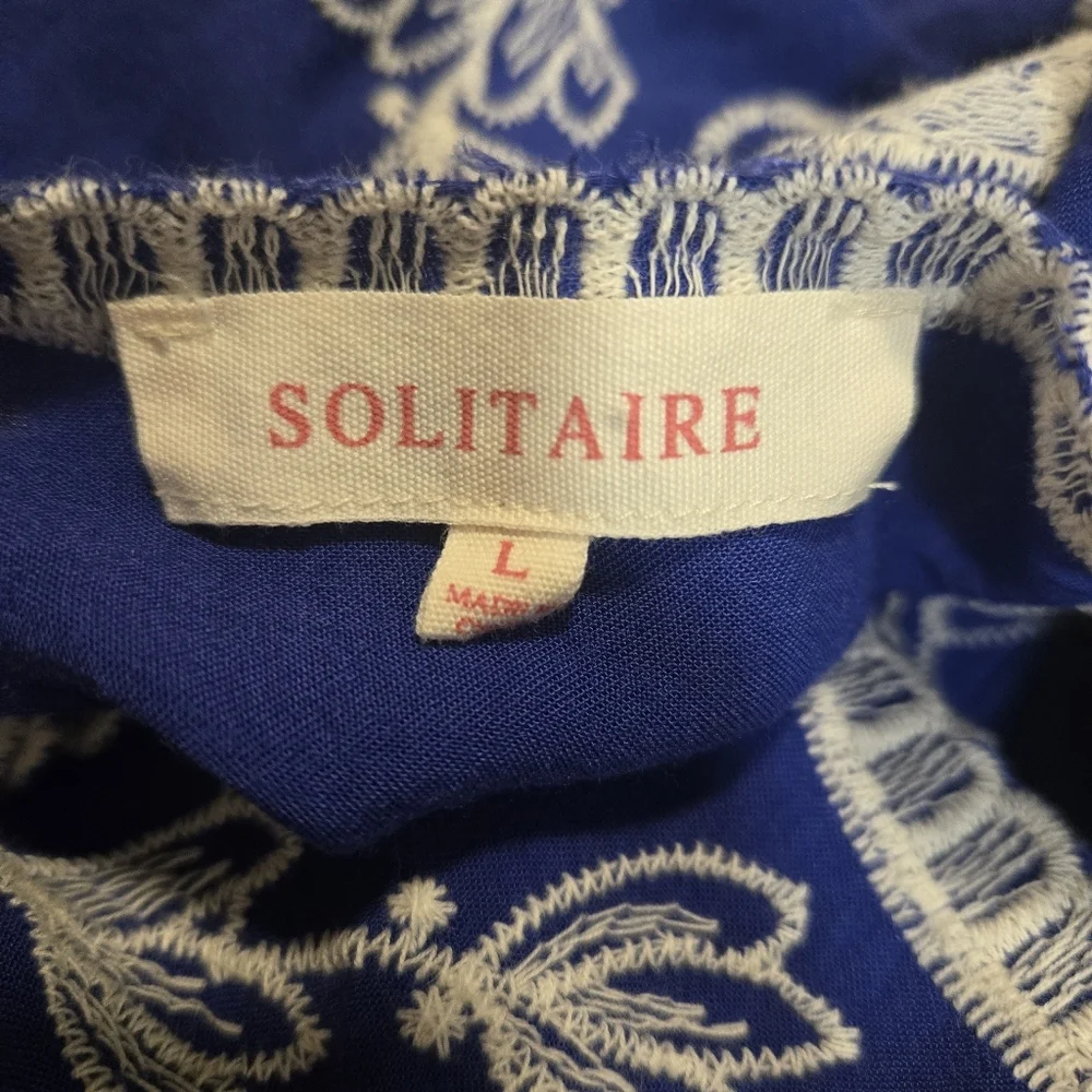 Solitaire Embroidered Floral Royal Cobalt Blue Boho 3/4 Sleeve Top Size Large - Picture 5 of 7
